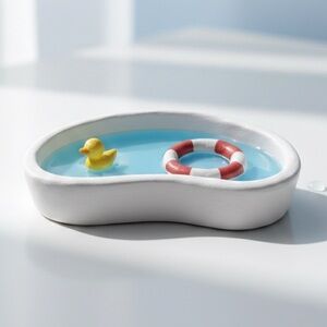 Miniature Swimming Pool Trinket Dish - Handmade - White - 6 Inch